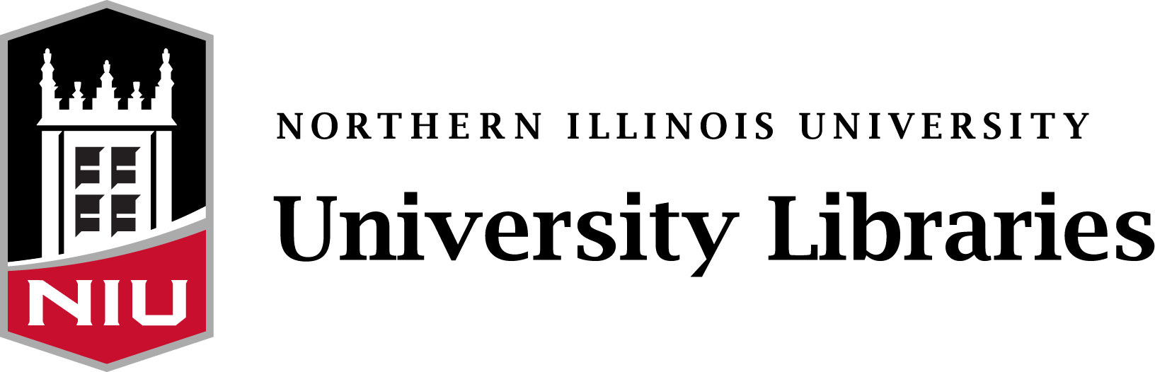 NIU Libraries Logo - Black Text with red NIU shield